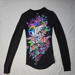 Hide & Seek Jerry Leigh Peace Dove Rose Glitter Thermal Graphic Top Black S